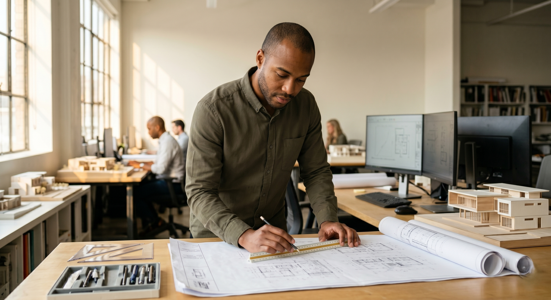 Architectural technology student drafting building plans at a studio desk