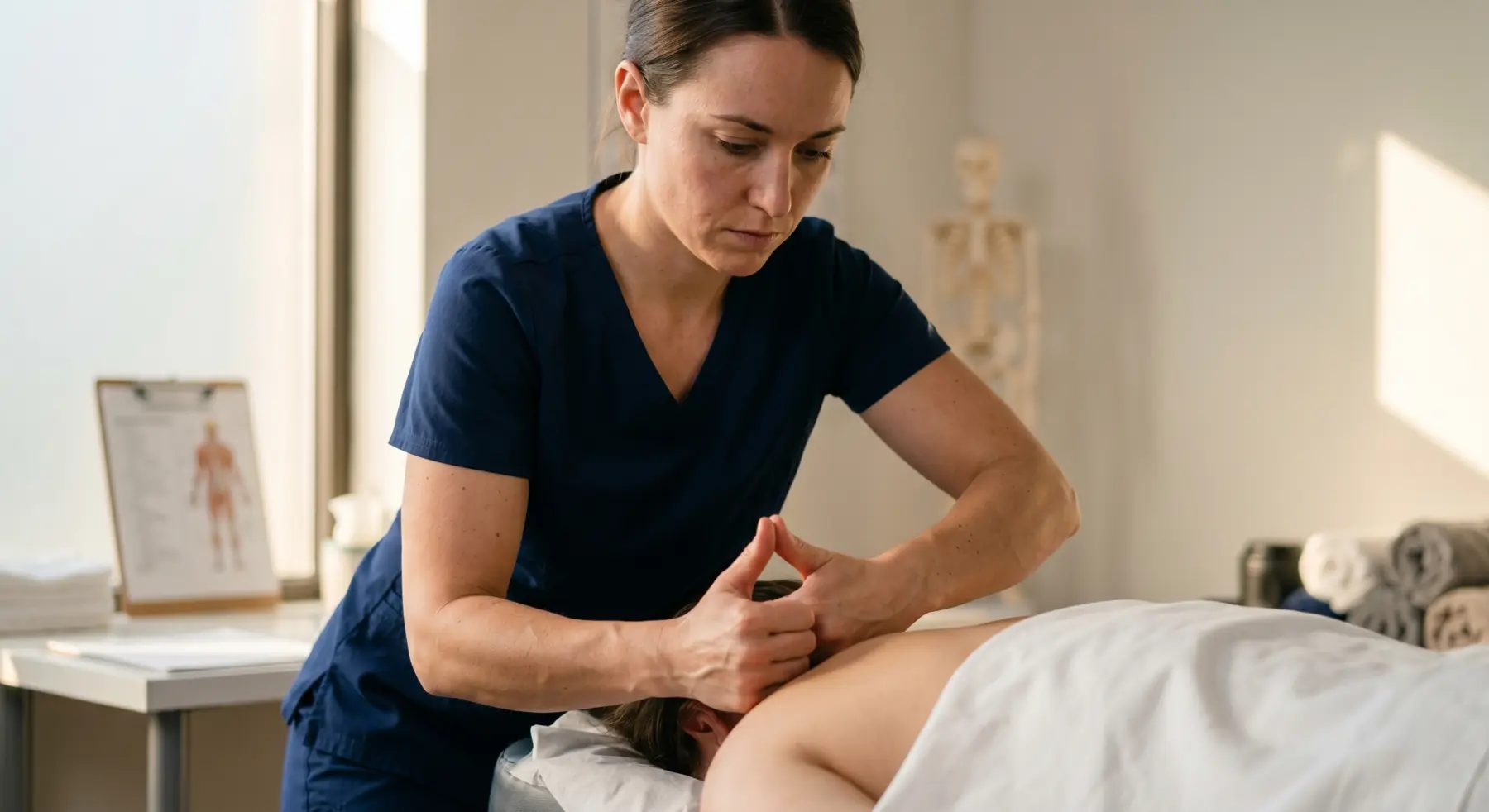 Basic massage therapy student in a treatment session
