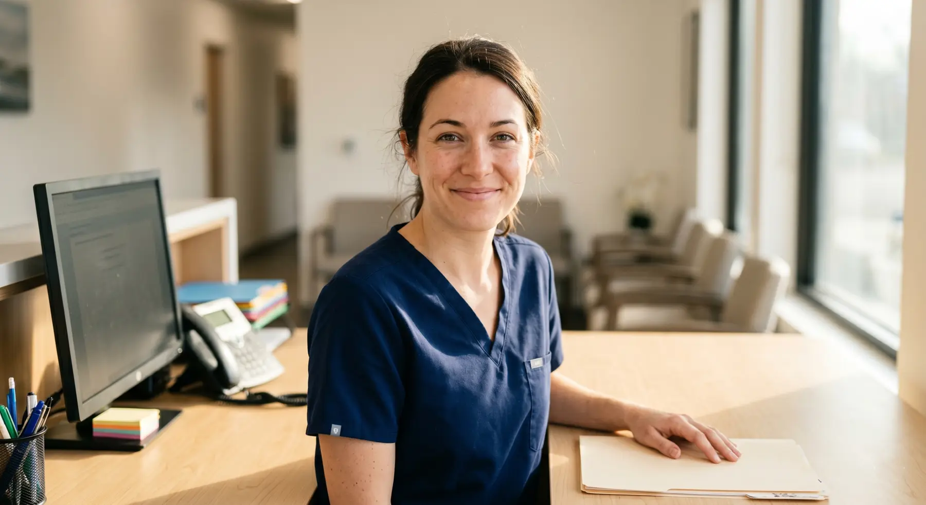 Medical office assistant student at a clinic reception desk