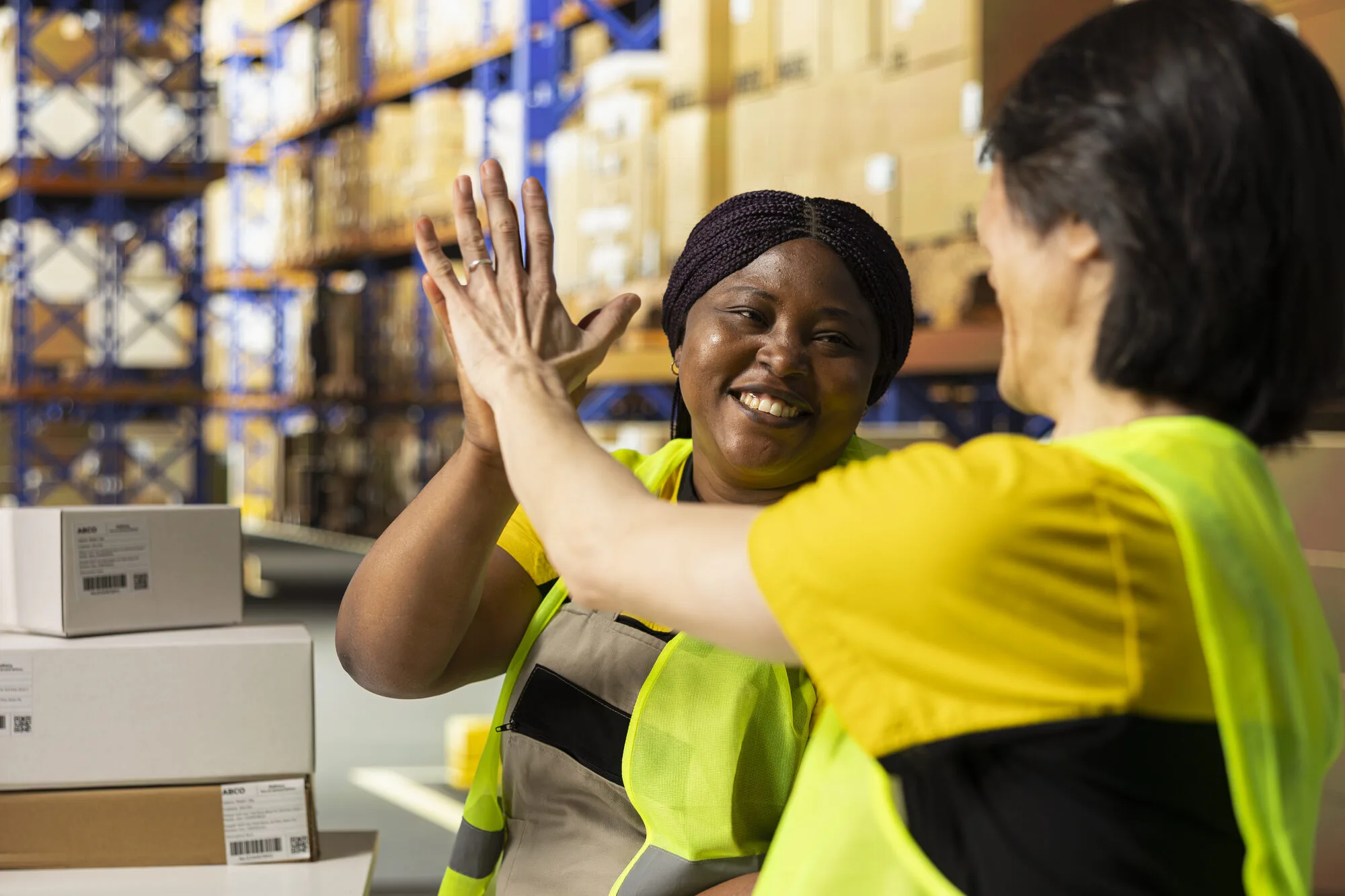 Supply chain professionals celebrating in a warehouse